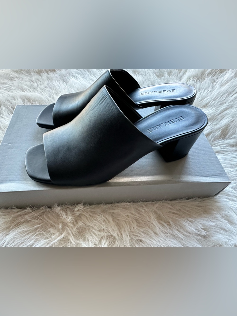 Everlane Black Leather Square-Toe Slide Mules 5 sandals New in the box